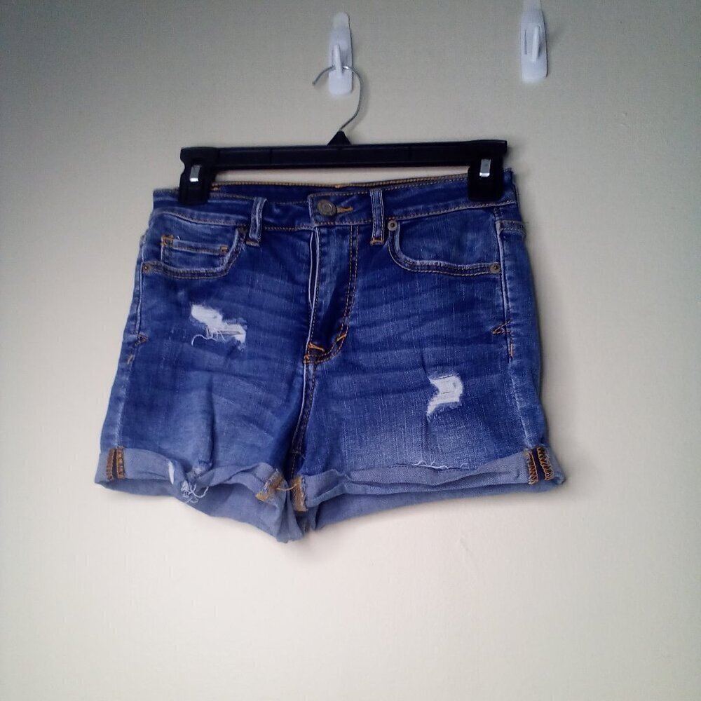 Aeropostale Shorts Women 2 High Waisted Midi Distressed Roll Hem Denim Blue